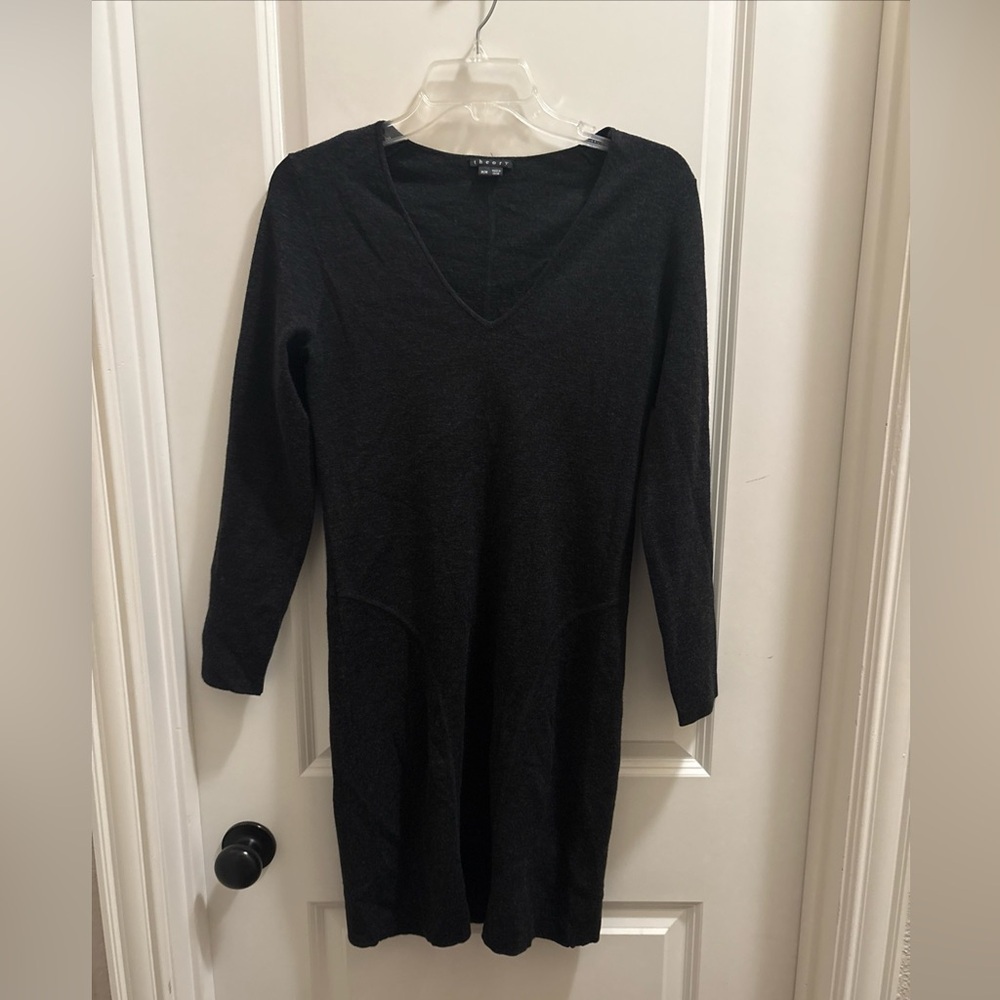 Theory Talli Evian Stretch Wool V-Neck Sweater Knit Dress In Gray Women's Size M